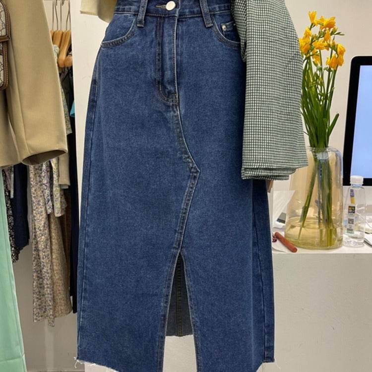 Casual Front Slit Dark Blue and Light Blue Denim Midi Skirt for women