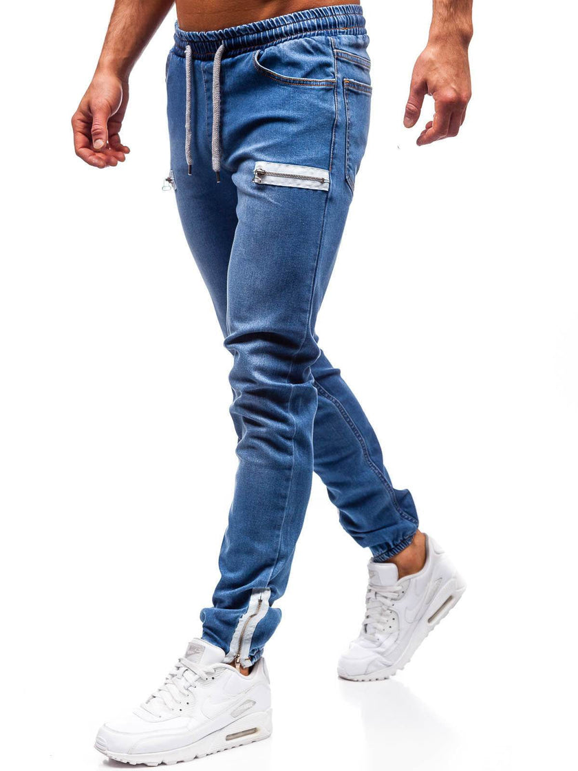 European And American Men's Denim Fabric Casual Frosted Zipper Design Jeans pant Men