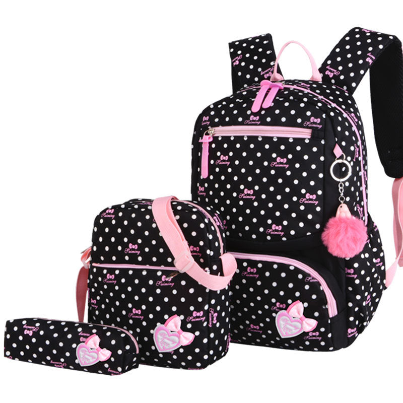 Korean Style Cute Princess Polka Dot Backpack Set for Girls – Nylon School Bag (4 Colours)
