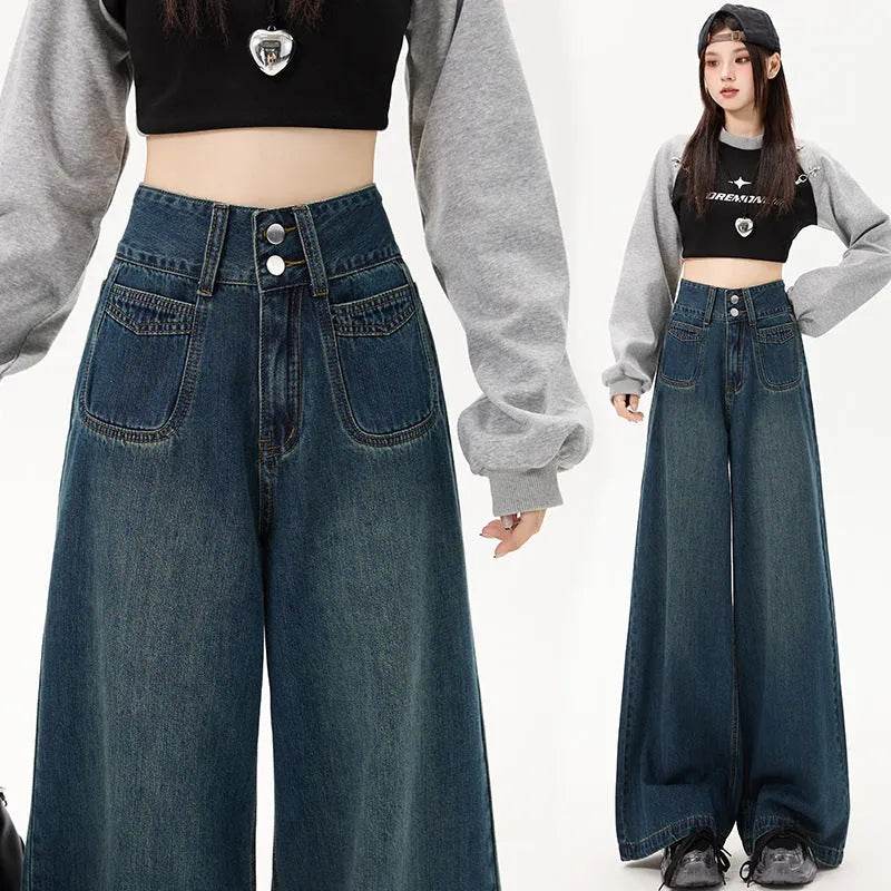 New Simple High Waist Casual Straight-leg Baggy Jeans Pant For Women