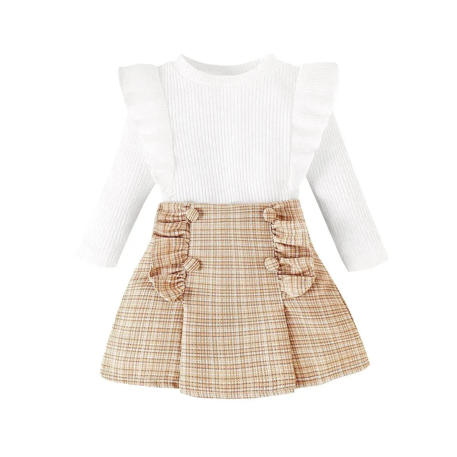 Newborn baby girl Cross-border Sunken Stripe Long Sleeve Classic Style Plaid Short Skirt Two-piece Set for baby girl