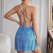 Women Fashion Printed Casual Spaghetti Strap Backless Mini Skater Dress