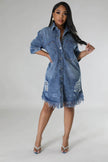 Women's Fashion 3/4 sleeve Mid Length loose Denim Jeans Dress