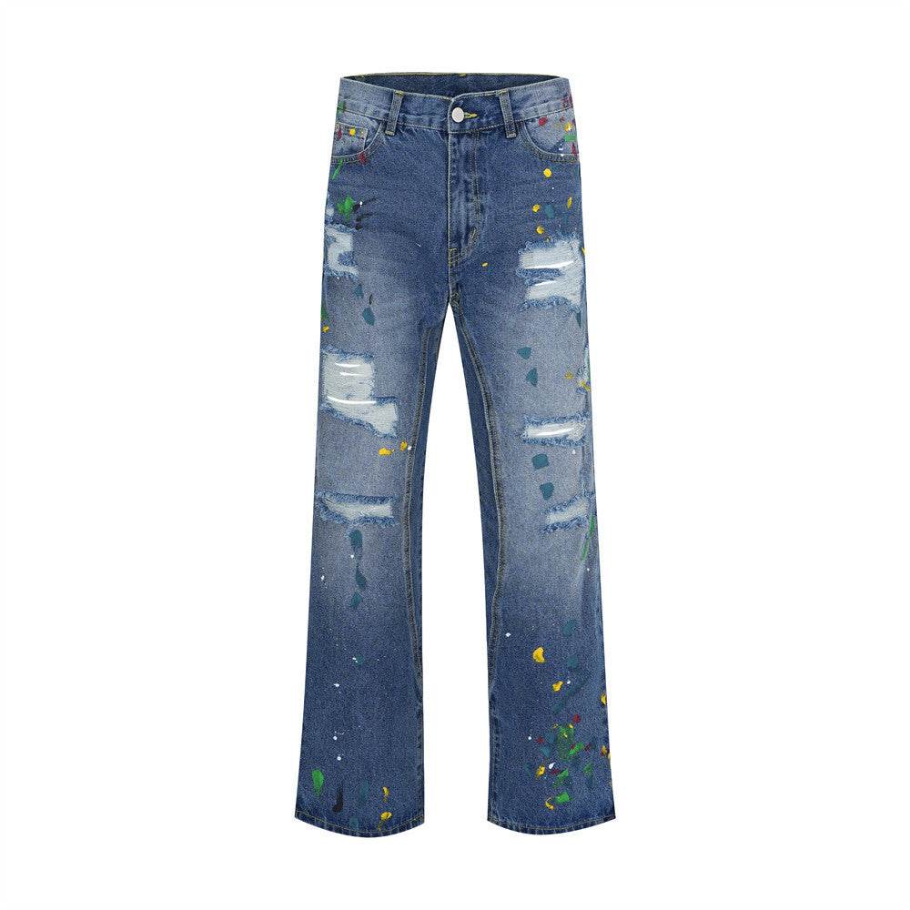 Ripped Paint Wide-leg Denim Trousers For Men Jeans