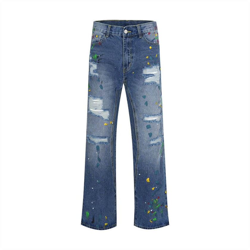 Ripped Paint Wide-leg Denim Trousers For Men Jeans