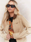 Apricot Collar Zipper Denim Jacket For Women