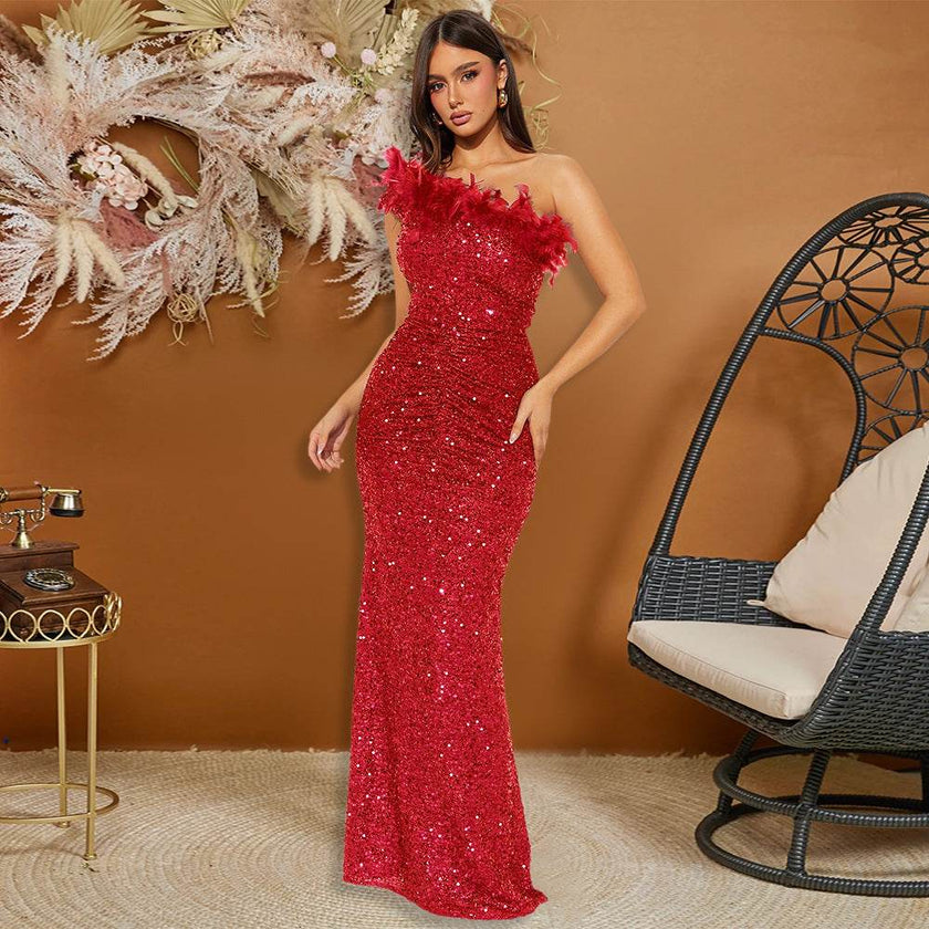 Luxury formal dress Feather Stitching Sequin Evening Dress Long dress