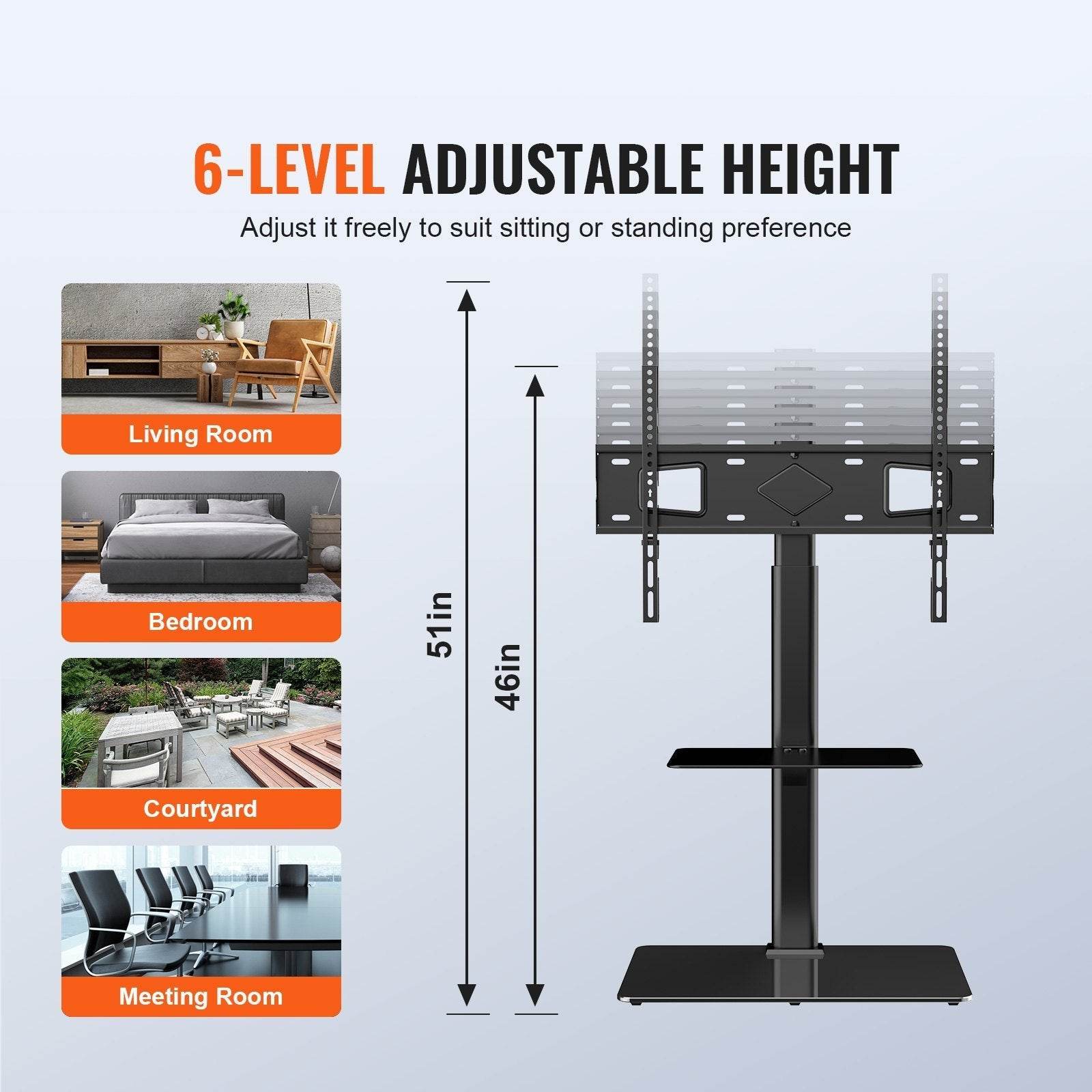 TV Stand Mount, Swivel Tall TV Stand For 32 To 65 Inch TVs, Height Adjustable Portable Floor TV Stand With Tempered Glass Base For Bedroom, Living Room