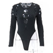 Women's Multi-Hollow Cutout Round Neck Long Sleeve Bodysuit – Black (S/M/L)