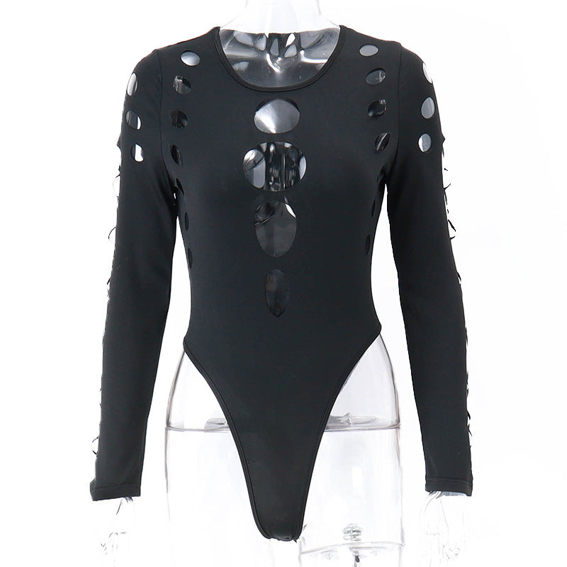 Women's Multi-Hollow Cutout Round Neck Long Sleeve Bodysuit – Black (S/M/L)