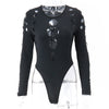 Women's Multi-Hollow Cutout Round Neck Long Sleeve Bodysuit – Black (S/M/L)