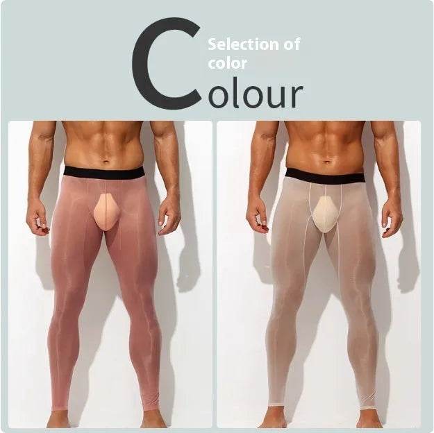 Men's Ultra thin Ice Silk Long John Skinny Flesh Nude Reflective Slim Leggings