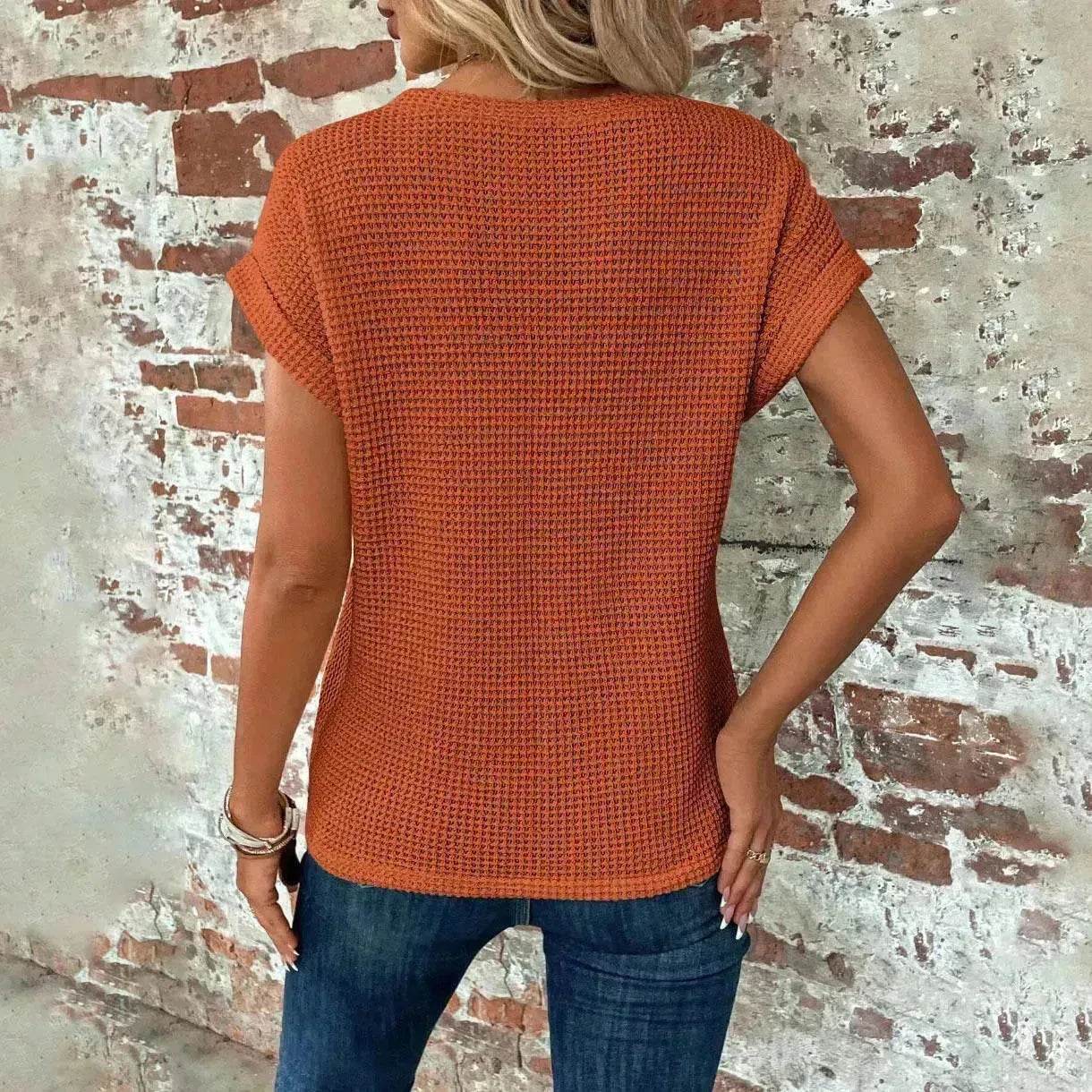 Casual Summer Short-sleeved Waffle blouse Top Summer New Solid Color Casual Evening Top For Women