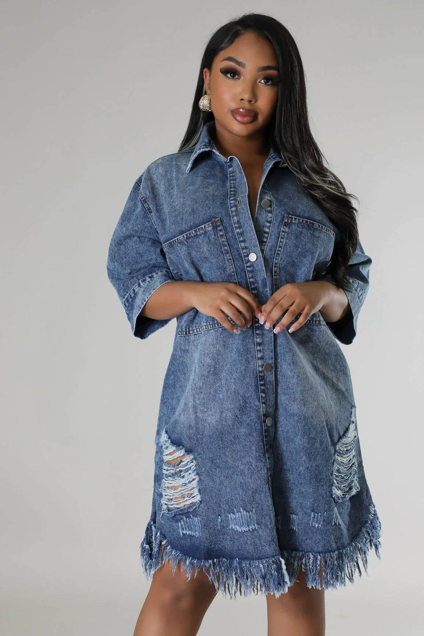Women's Fashion 3/4 sleeve Mid Length loose Denim Jeans Dress