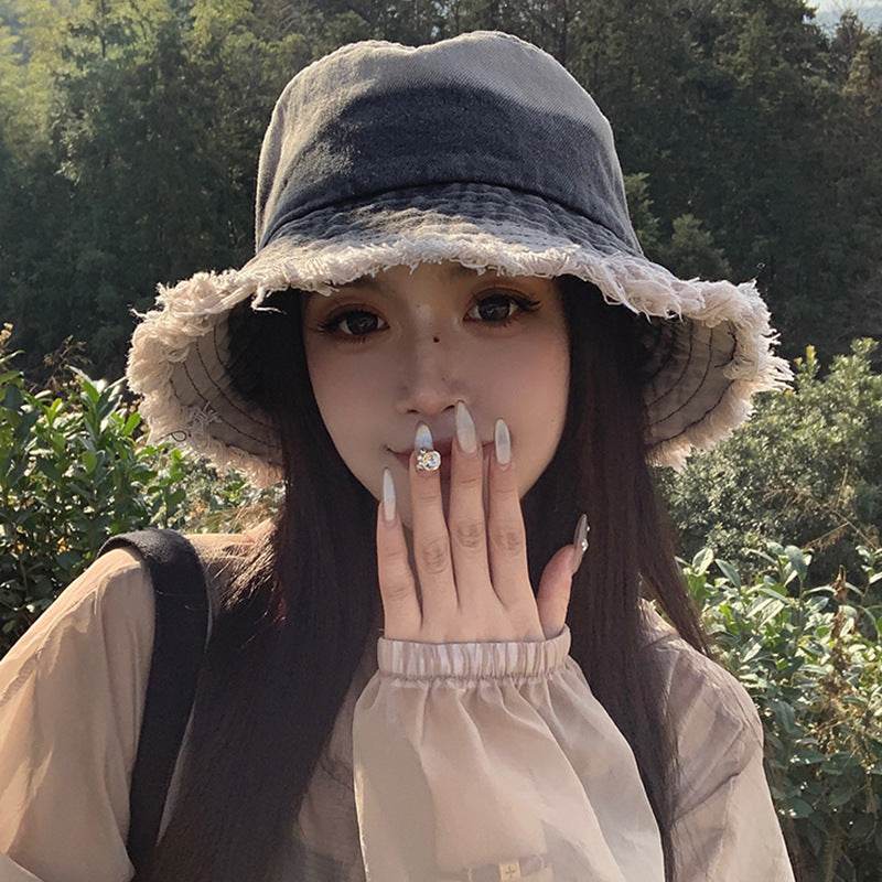 Summer Denim Bucket Hat for women Distressed Sun-proof Face-showing Small Hat