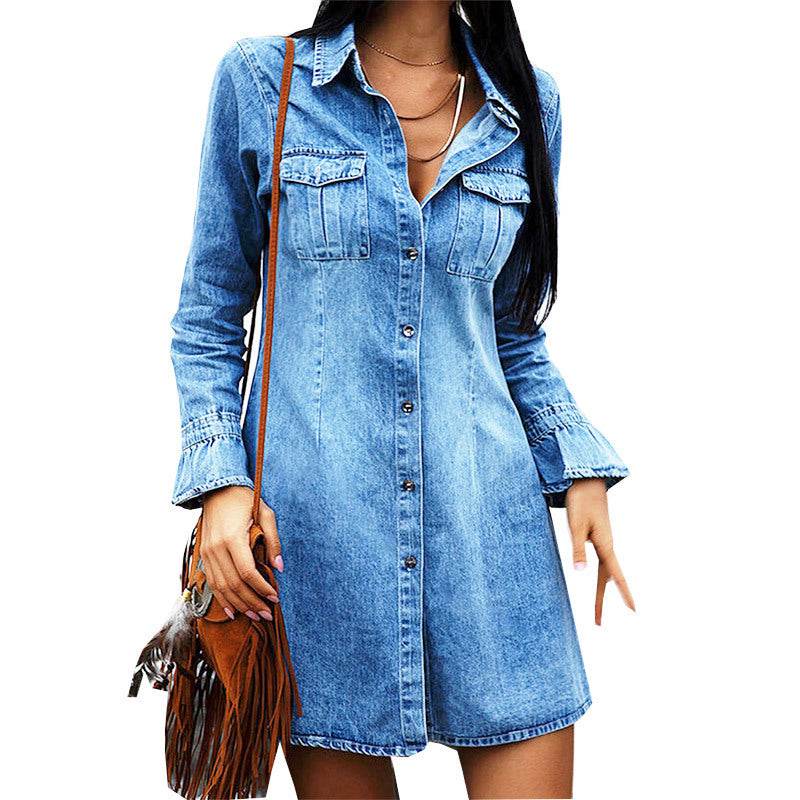 Long Sleeve Denim Button down Mini Dress Fashion Jeans Dress Women