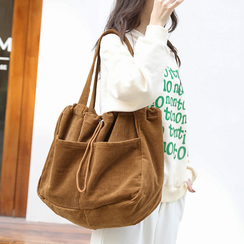Corduroy Drawstring Shoulder Tote Bag — Large Capacity Multi-Pocket Hobo Bag for Women