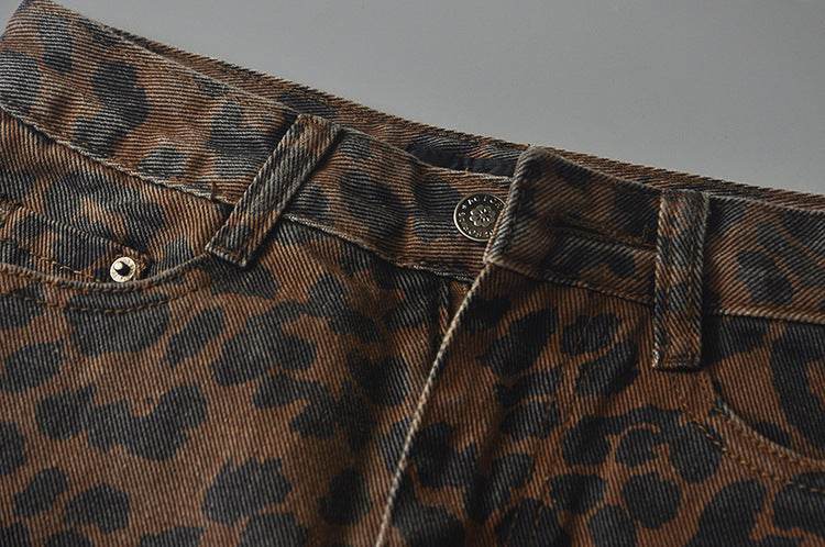 Leopard Print Mini Denim Skirt Women's High Waist Pencil Skirt