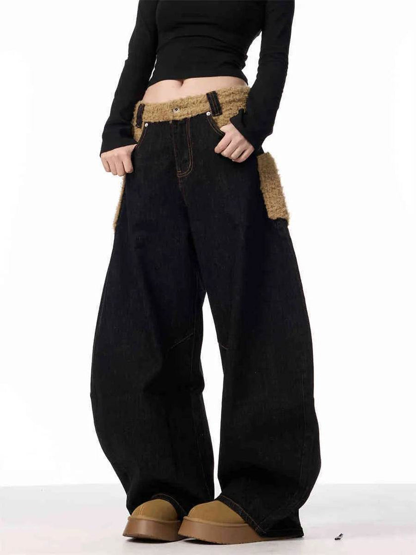 Retro Minority Design Inside-out Wear Stitching Baggy Jeans Pant For Women
