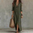 Long-sleeve Maxi Dress Casual Solid Color Lapel Collar Side Slit Beach Dresses Women's Clothing