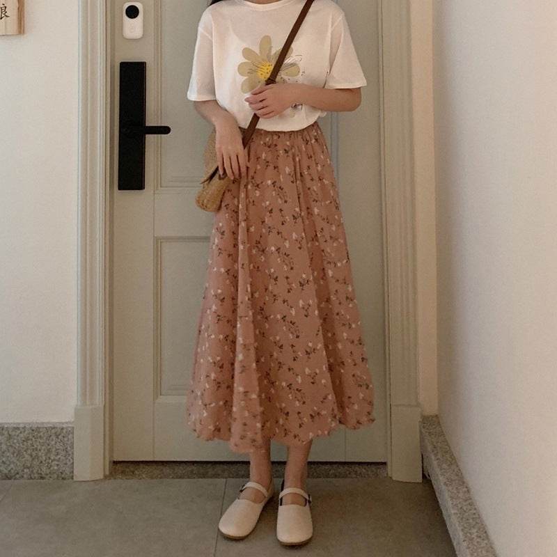 Casual Floral New Fresh High Waist Slimming Korean-style Midi A- Line Skirt