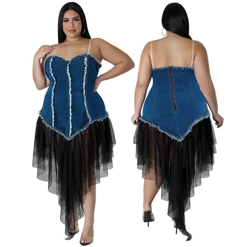 Women's Fashion Sleeveless Denim Stitching Mesh Jeans Tassel Dress