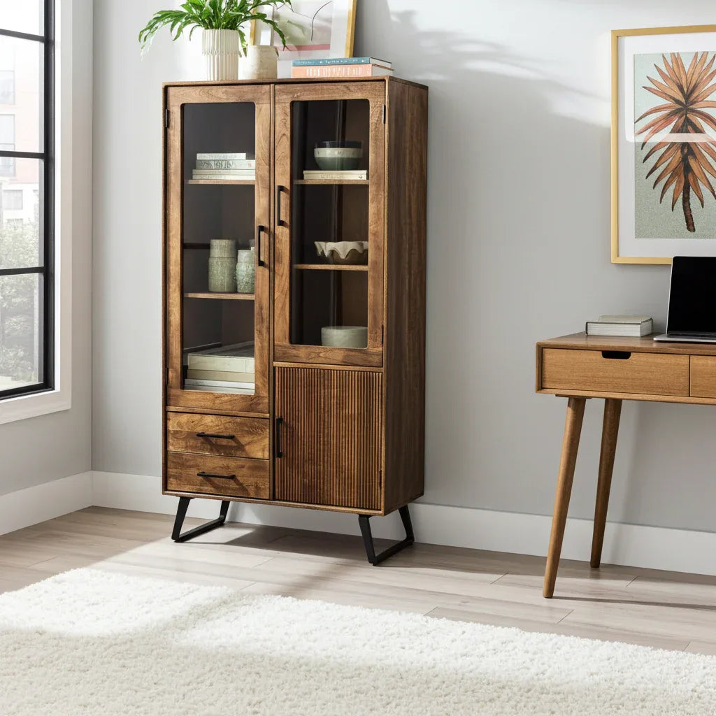 Armoire Arezzo en bois de manguier portes vitrées