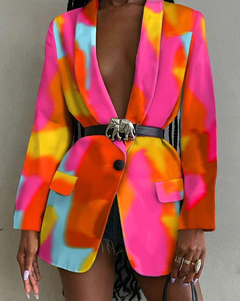 Fashion Printed Shawl Collar Single-breasted Belt Vintage Blazer Women