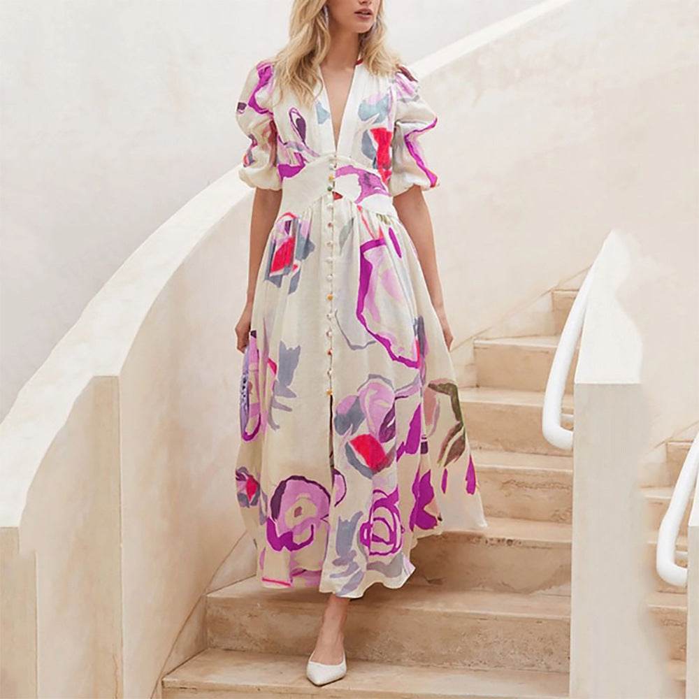 Summer Print Dresses V-neck Button Short Sleeve Midi Dress