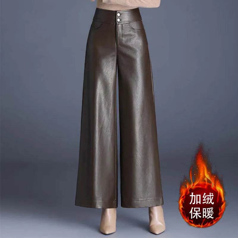 High Waist Thick Loose Big Leg Straight All-matching Wide Leg Leather trouser Pants For Women