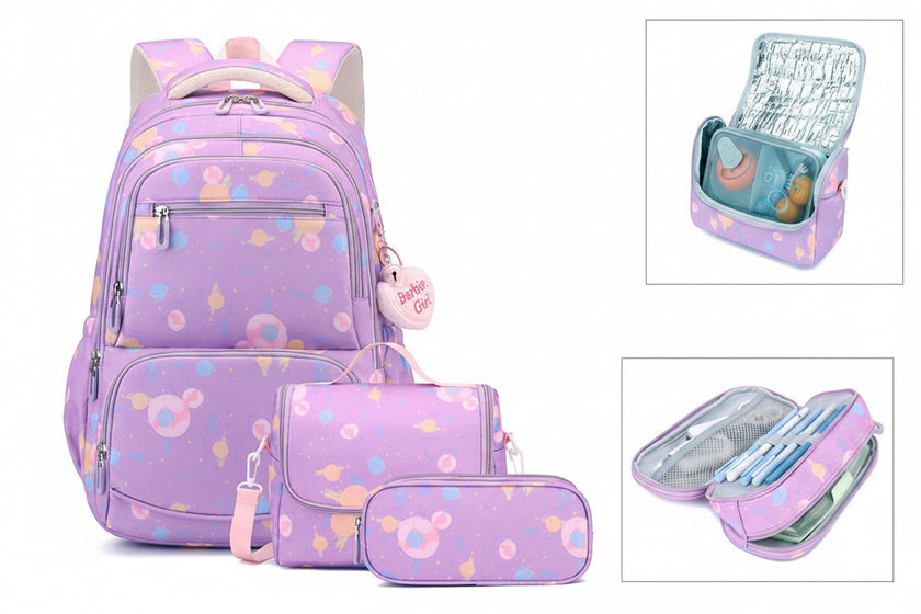Girls Galaxy Backpack – Cartoon Print Campus School Bag (Backpack or 3-Piece Set)