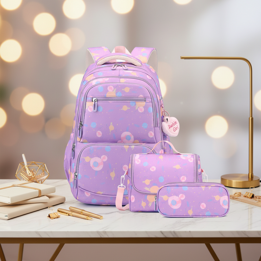 Girls Galaxy Backpack – Cartoon Print Campus School Bag (Backpack or 3-Piece Set)