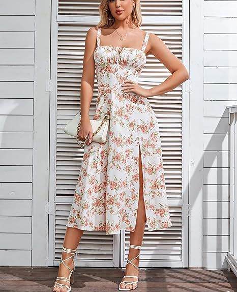 Spring Summer Sleeveless Floral Bohemian Corset flow Slit Midi  Dress
