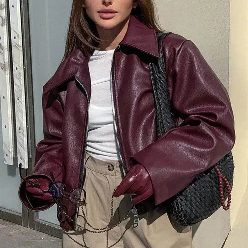 Fashioned Oversized zipper Lapel Leather coat jacket for women