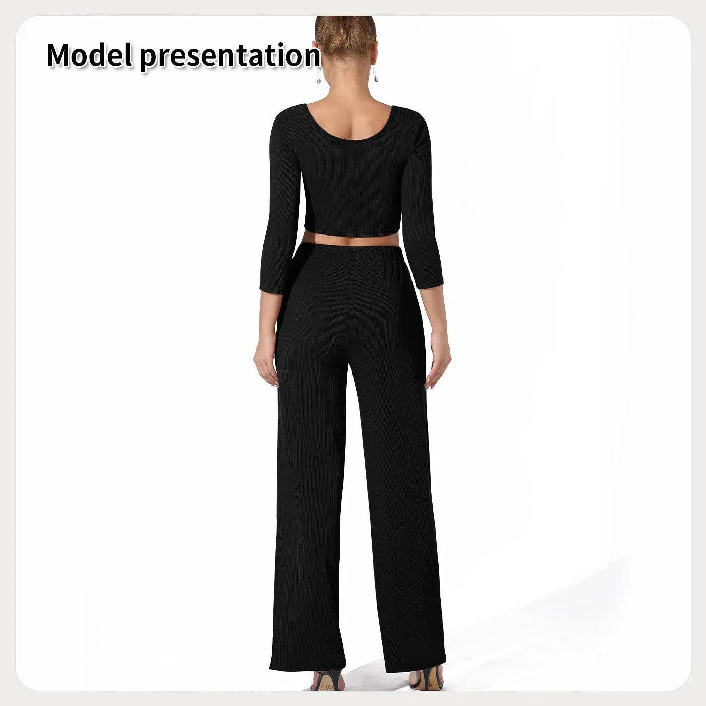 Women Fashion Casual Matching 2pcs set Long Sleeve Crop top and Pant set