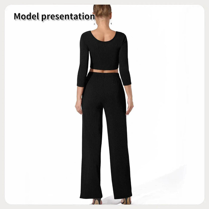Women Fashion Casual Matching 2pcs set Long Sleeve Crop top and Pant set