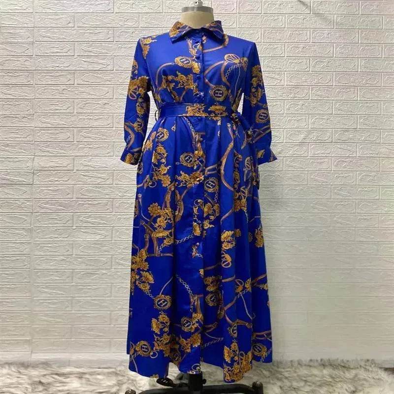 Dubai Long Dress Middle East Autumn Chain Print Swing Dress Turkish  Floral Long Sleeve dress