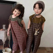 Summer Children's Plaid Overalls boy And girl Baby Unisex Mori Style Retro Jumpsuit Straight-leg Pants