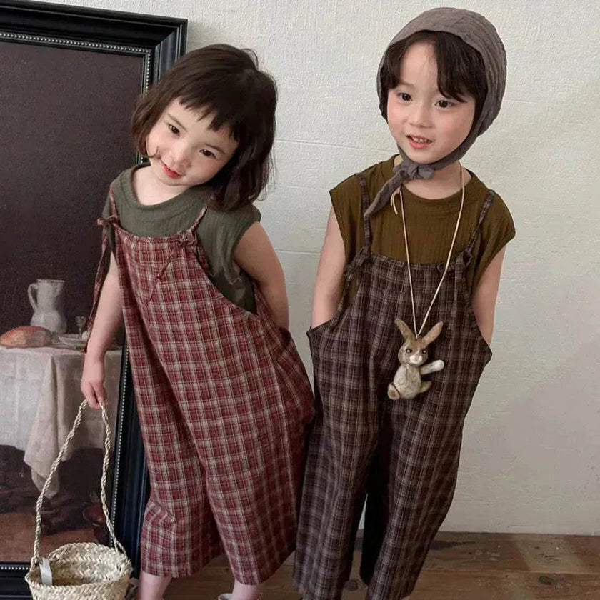 Summer Children's Plaid Overalls boy And girl Baby Unisex Mori Style Retro Jumpsuit Straight-leg Pants