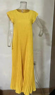 Women Summer Pleated Maxi Dress Casual Short Sleeve Crewneck Flowy Swing Long Dress with Pockets