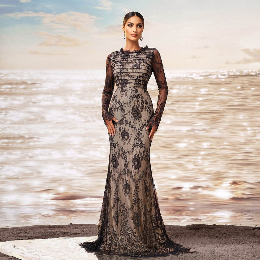 Elegant Long Sleeve Gauze Sheath Fishtail Evening Party Dress
