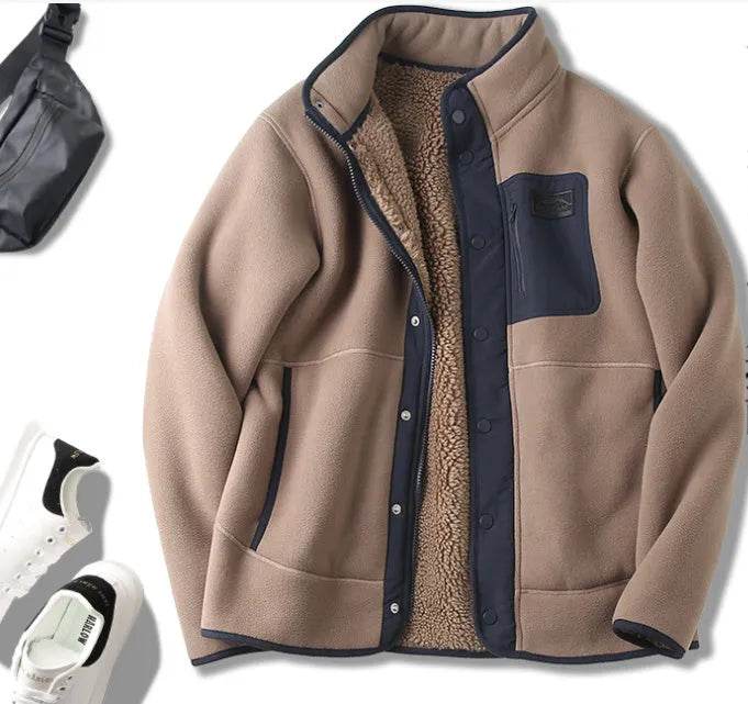 Fleece-lined Thickened Stand Collar Pocket Winter Jacket for men