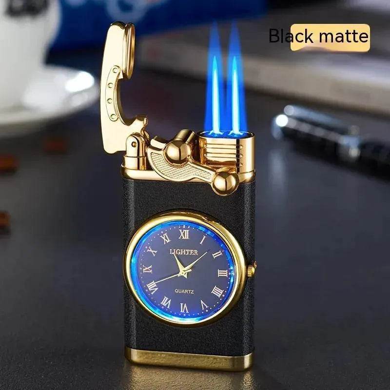 New Lighter With Electric Watch Rocker Arm Automatic Ignition Straight Blue Flame Lighter Creative Real Dial Inflatable Windproof Cigar Lighter Men's Watch Gift