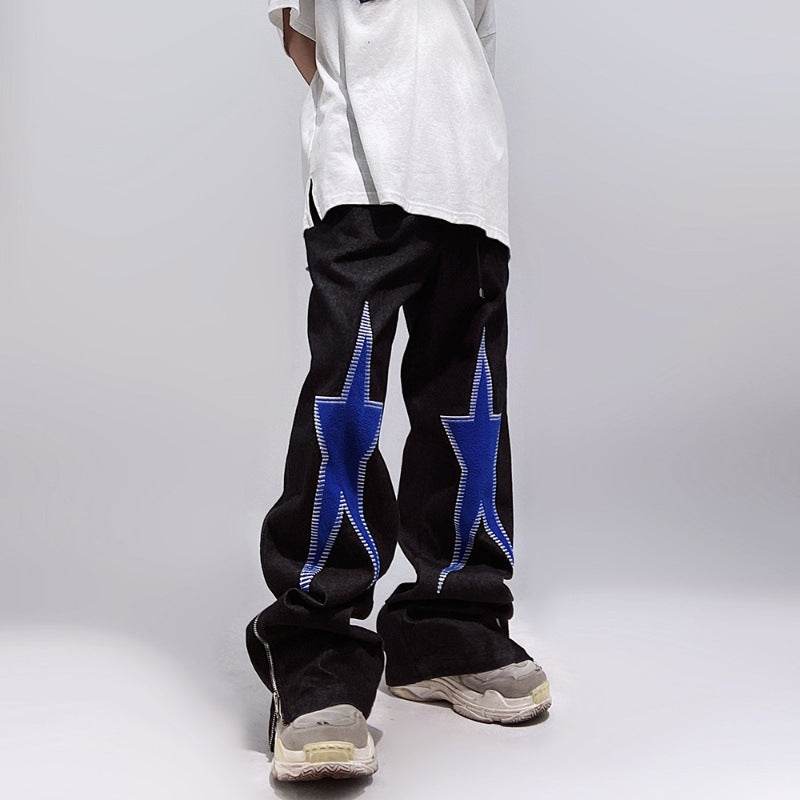 Five-pointed Star Embroidery Denim Horn Loose Straight Casual All-match Mop Jeans Baggy Trousers Men