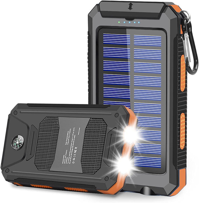 Solar Power Bank 10000mAh – Waterproof, LED Flashlight, SOS, Compass & Carabiner