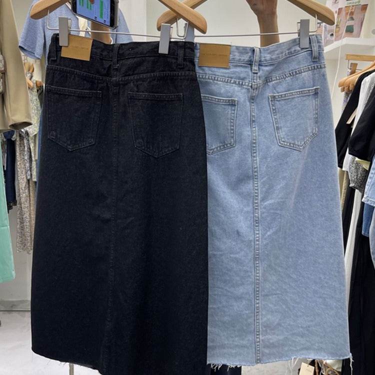 Casual Front Slit Dark Blue and Light Blue Denim Midi Skirt for women