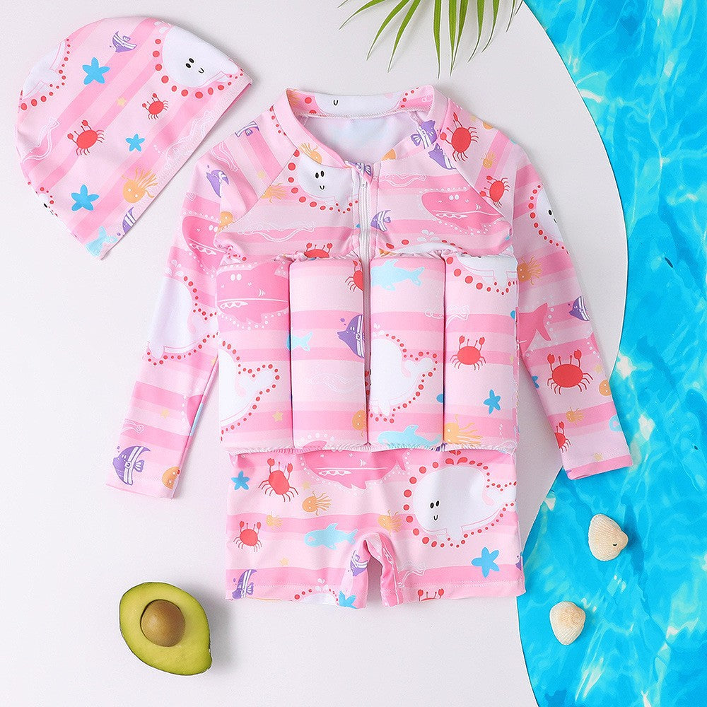 Kids One-Piece Buoyancy Swimsuit with Hat – Boys & Girls Long Sleeve UV Protection Swimwear