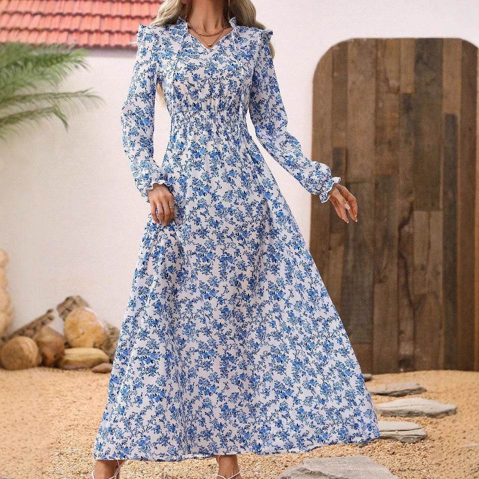 Elegant ladies Spring And Autumn Long Sleeve Floral maxi Dress