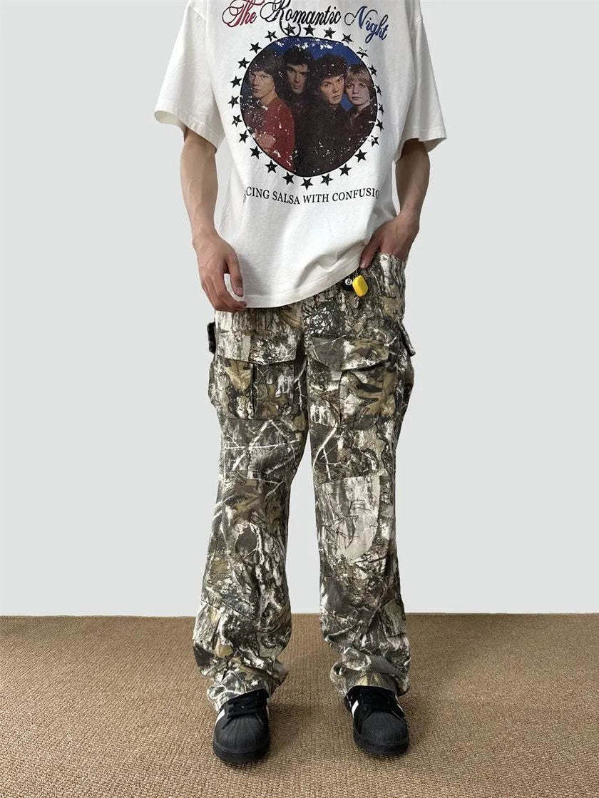Loose Straight Tree Worn Looking Washed-out Camouflage Printed Cargo pant Men