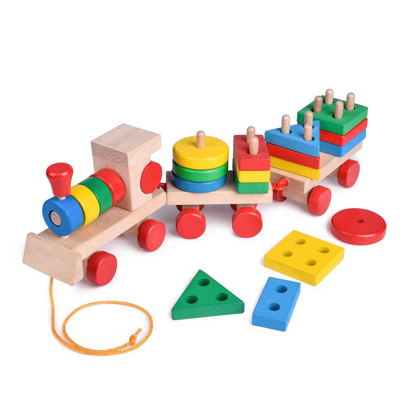 Fun Little Toys - Wooden Train Shape Sorter and Stacking Toy 25 Pcs